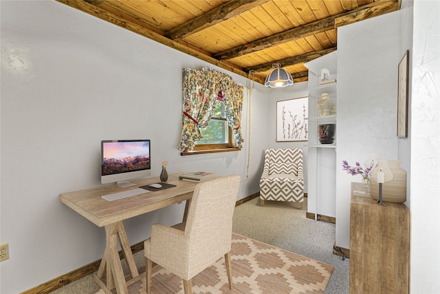 carpeted office with wood ceiling and beamed ceiling