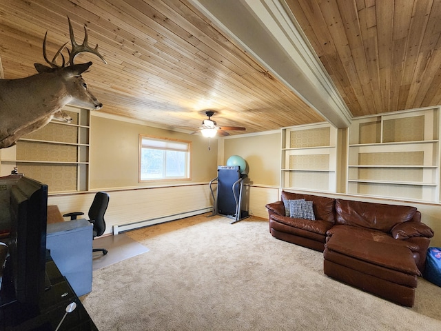 carpeted office featuring wood ceiling, ceiling fan, baseboard heating, and crown molding