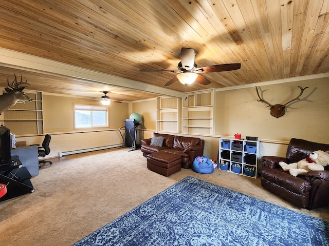 living room featuring wood ceiling, ceiling fan, baseboard heating, and crown molding