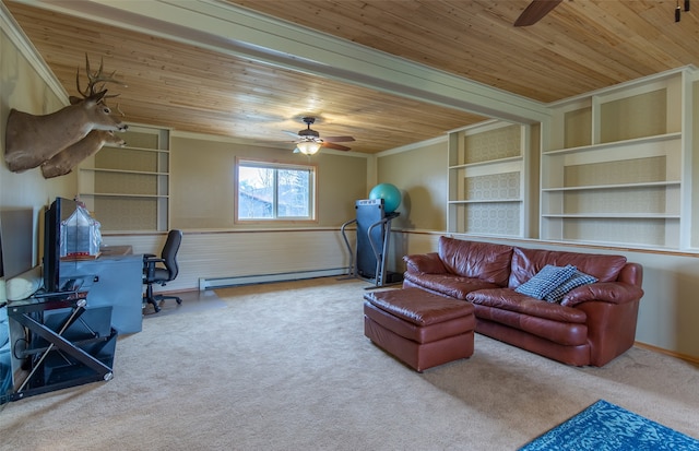 living room featuring wood ceiling, a baseboard radiator, carpet, ornamental molding, and ceiling fan