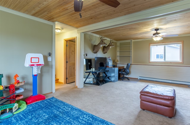 bedroom featuring a baseboard radiator, wood ceiling, carpet, and crown molding