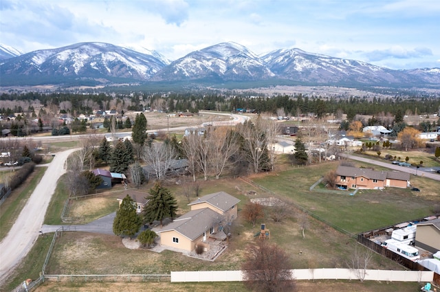 drone / aerial view featuring a mountain view