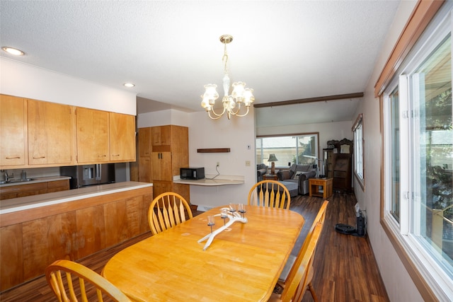 dining area with an inviting chandelier, a textured ceiling, dark hardwood / wood-style floors, and sink