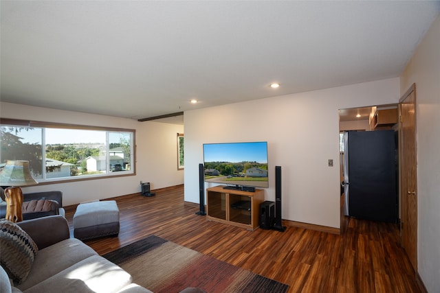 living room with dark hardwood / wood-style flooring