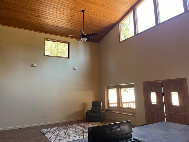 living room with hardwood / wood-style floors, wood ceiling, high vaulted ceiling, and ceiling fan