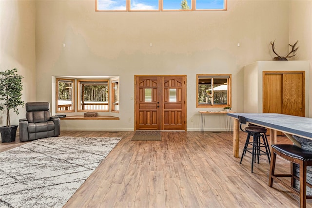 155 Grandview Ln, Seeley Lake, MT 59868 - foyer with a towering ceiling, wood finished floors, healthy amount of natural light, and baseboards