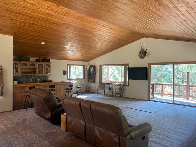 living room with indoor bar, wood ceiling, carpet floors, and vaulted ceiling