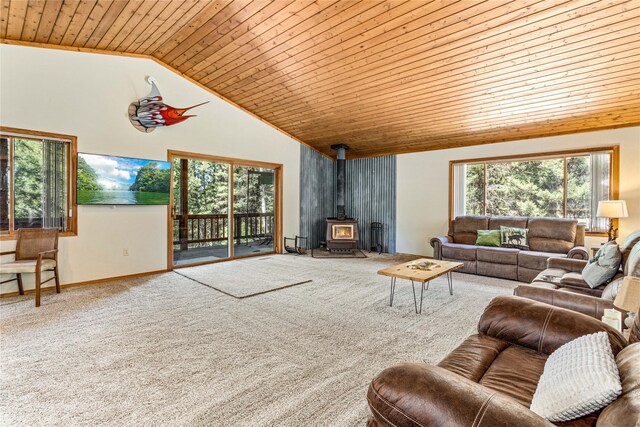 155 Grandview Ln, Seeley Lake, MT 59868 - living room with wood ceiling, carpet, a wood stove, baseboards, and high vaulted ceiling