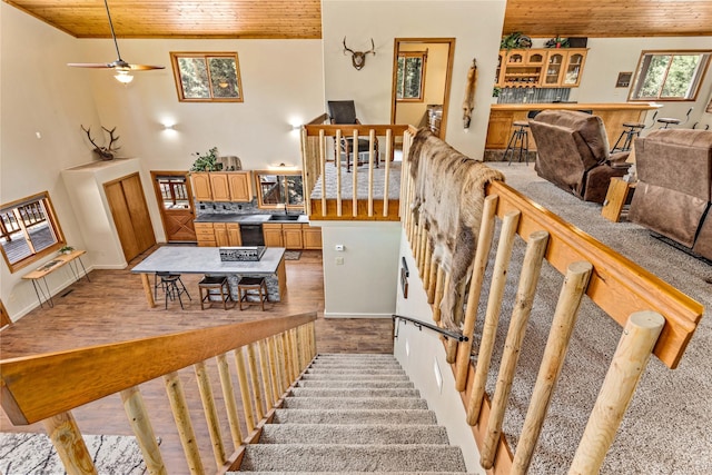 155 Grandview Ln, Seeley Lake, MT 59868 - staircase featuring wood ceiling and ceiling fan