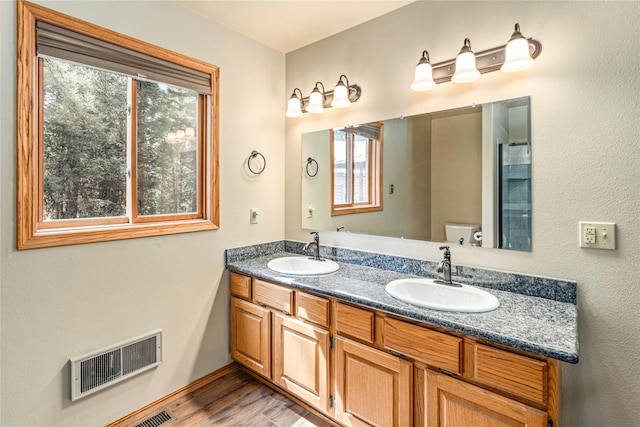 155 Grandview Ln, Seeley Lake, MT 59868 - bathroom featuring plenty of natural light, toilet, wood finished floors, and double vanity
