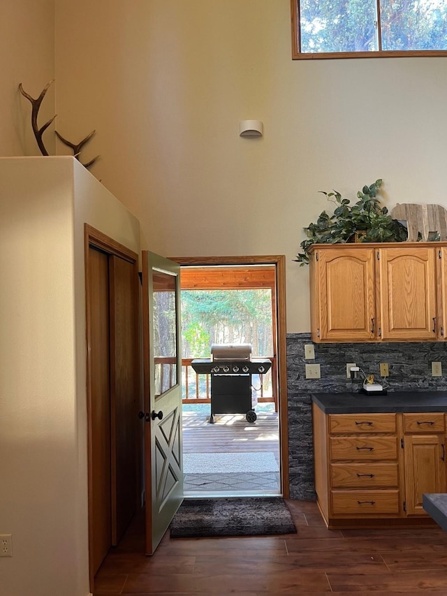 kitchen with dark hardwood / wood-style flooring, decorative backsplash, and a high ceiling