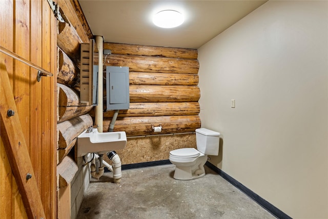 155 Grandview Ln, Seeley Lake, MT 59868 - half bathroom featuring electric panel, baseboards, log walls, and toilet