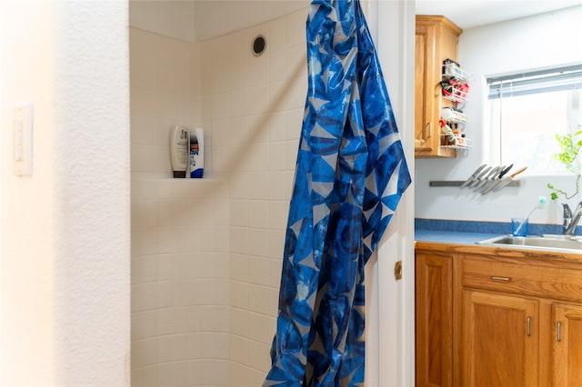 full bathroom featuring vanity and a shower with shower curtain