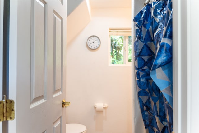 bathroom with toilet and a shower with shower curtain