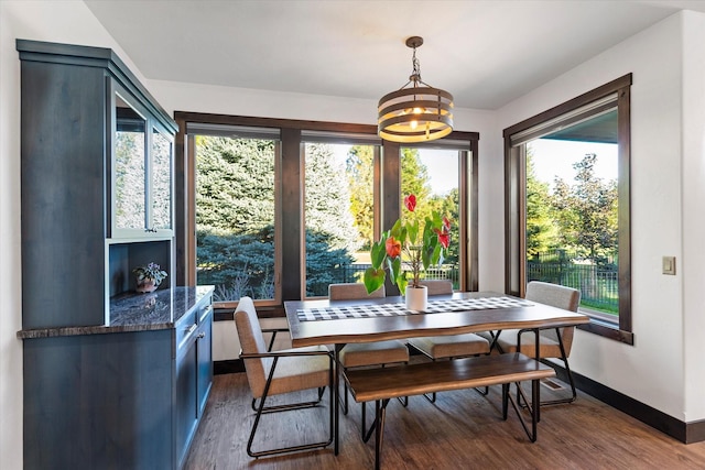 dining space featuring plenty of natural light, wood-type flooring, and a notable chandelier