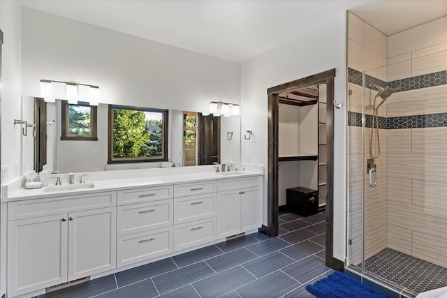 bathroom featuring vanity and a shower with shower door