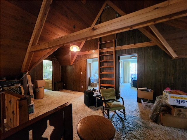 bonus room with carpet floors, vaulted ceiling with beams, wood ceiling, and wood walls