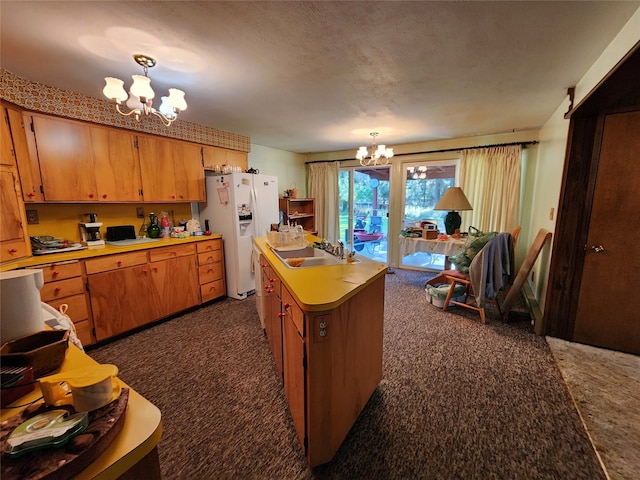 kitchen featuring dark carpet, a chandelier, white fridge with ice dispenser, and decorative light fixtures