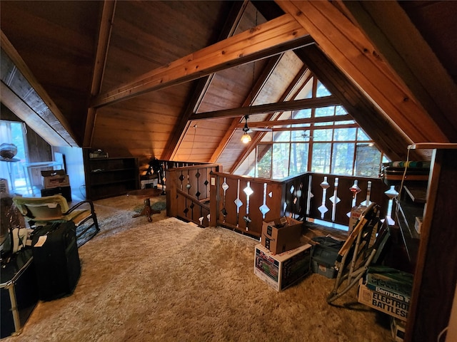 interior space featuring wood ceiling and lofted ceiling with beams