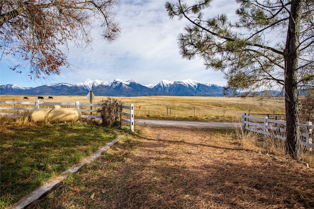 view of yard with a mountain view and a rural view