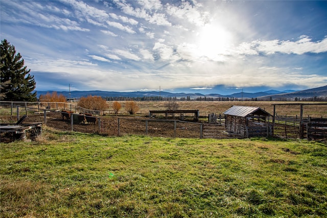 view of yard featuring a mountain view and a rural view