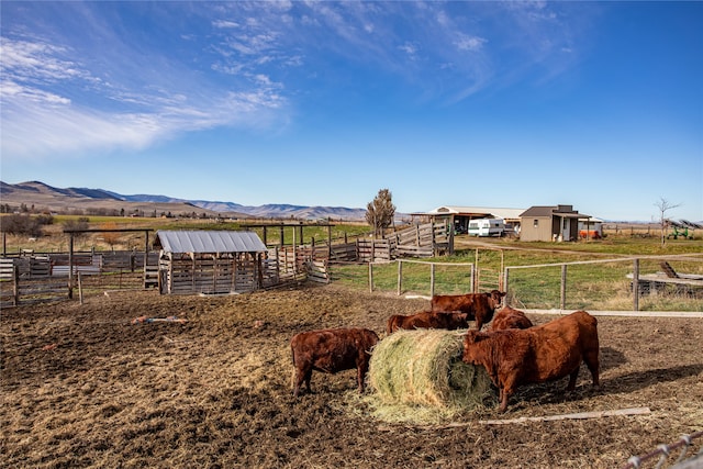 view of yard featuring a rural view, a mountain view, and an outdoor structure