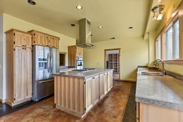 169 Brookes Dr, Rexford, MT 59930 - kitchen featuring appliances with stainless steel finishes, island exhaust hood, finished concrete floors, light brown cabinetry, and a kitchen island