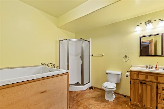 full bathroom featuring independent shower and bath, vanity, and toilet