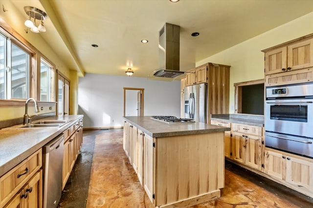 kitchen featuring appliances with stainless steel finishes, island range hood, light brown cabinets, a kitchen island with sink, and sink