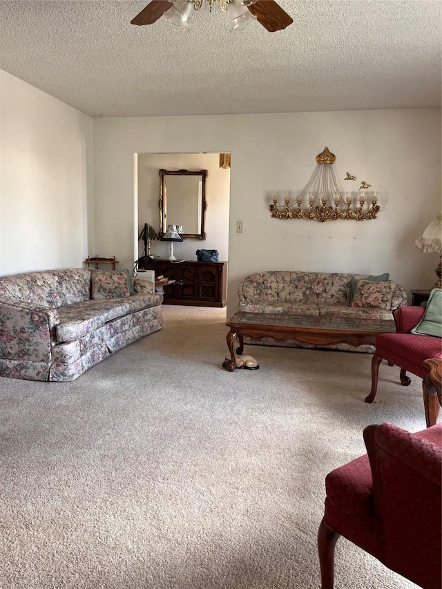 233 4th Ave SW, Cut Bank, MT 59427 - carpeted living room featuring a ceiling fan and a textured ceiling