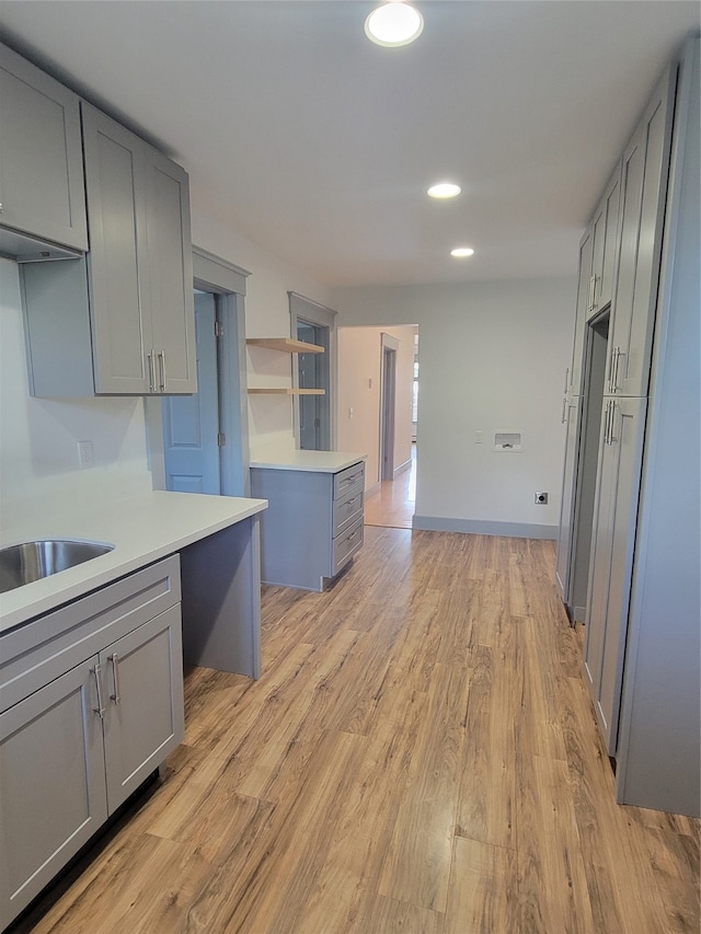 kitchen with light wood-type flooring, kitchen peninsula, and gray cabinetry