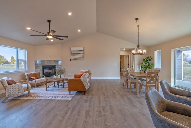 living room featuring lofted ceiling, wood-type flooring, a wealth of natural light, and a fireplace