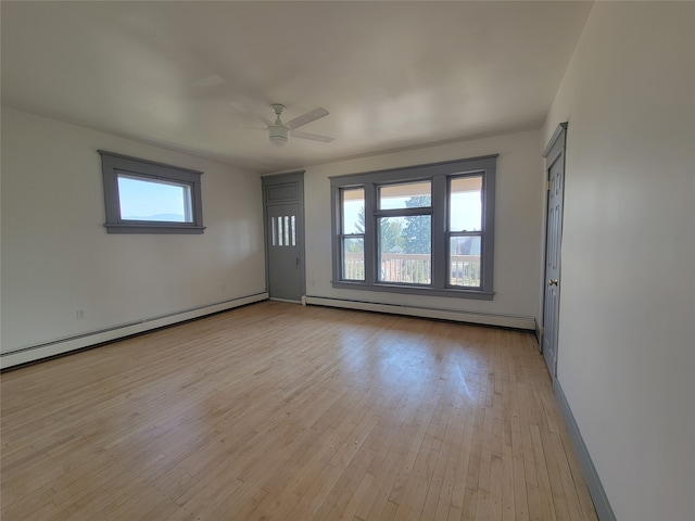 unfurnished room with a baseboard radiator, light wood-type flooring, and ceiling fan