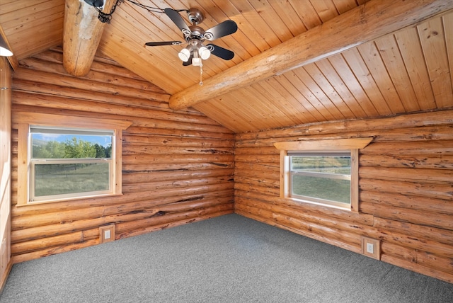 carpeted spare room with wood ceiling, log walls, lofted ceiling with beams, and ceiling fan