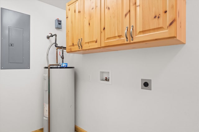 washroom featuring washer hookup, electric panel, hookup for an electric dryer, cabinets, and electric water heater