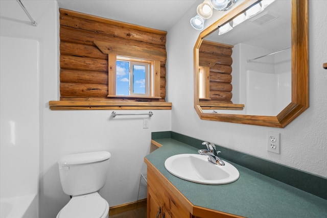 full bathroom featuring shower / tub combination, log walls, vanity, and toilet