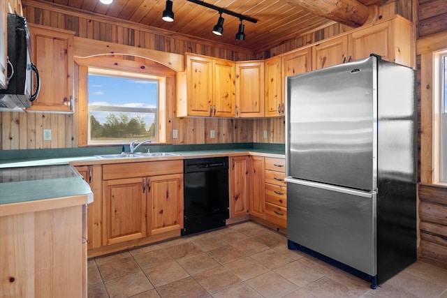 kitchen with wooden walls, black appliances, wooden ceiling, and sink