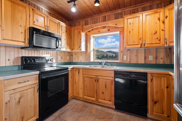 kitchen featuring wooden walls, sink, wooden ceiling, and black appliances