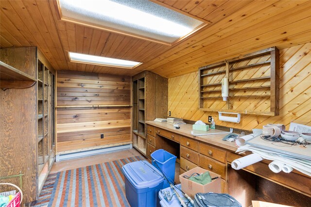 interior space featuring wooden ceiling and wood walls
