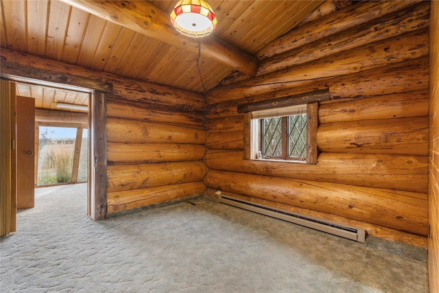 spare room featuring wooden ceiling, lofted ceiling with beams, baseboard heating, and carpet floors