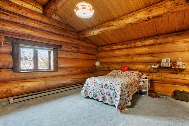 carpeted bedroom featuring a baseboard radiator, wooden ceiling, and vaulted ceiling with beams