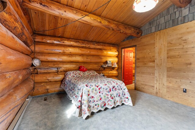 bedroom with a baseboard heating unit, carpet flooring, wood ceiling, and lofted ceiling with beams
