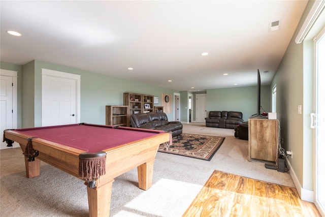 recreation room featuring pool table and light colored carpet