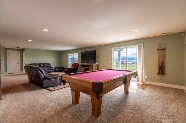 recreation room featuring light carpet and billiards