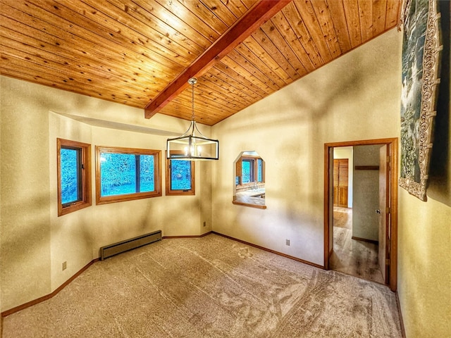 carpeted spare room featuring a baseboard radiator, a textured wall, wooden ceiling, and lofted ceiling with beams