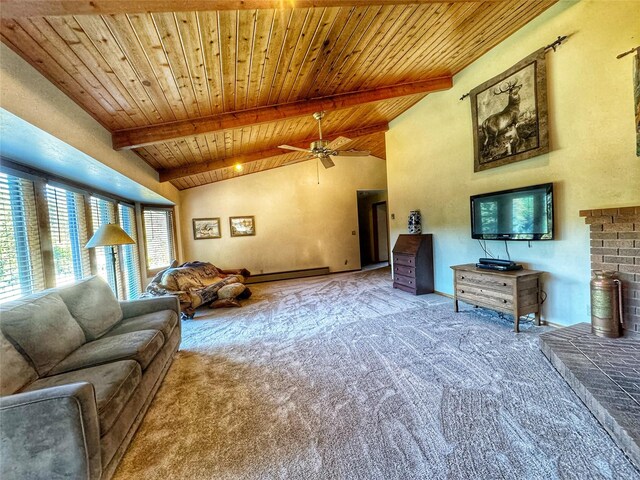 carpeted living room featuring a brick fireplace, vaulted ceiling with beams, wooden ceiling, and a ceiling fan