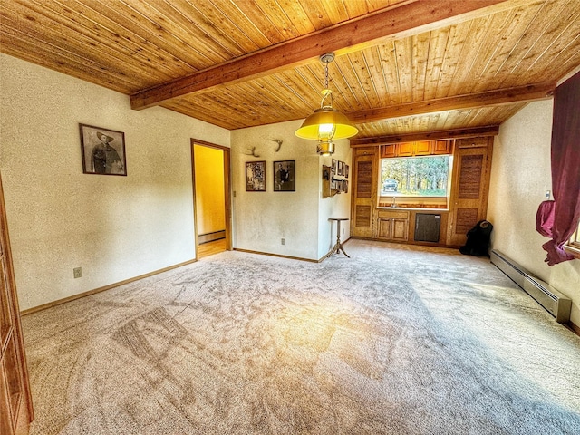 unfurnished living room with a baseboard heating unit, a textured wall, light colored carpet, wooden ceiling, and beam ceiling
