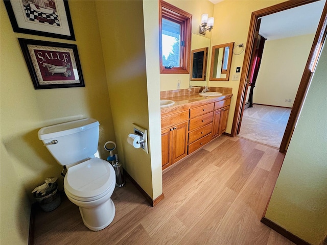 bathroom featuring a sink, double vanity, toilet, baseboards, and wood finished floors