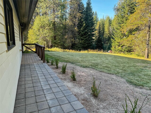 view of yard featuring a forest view