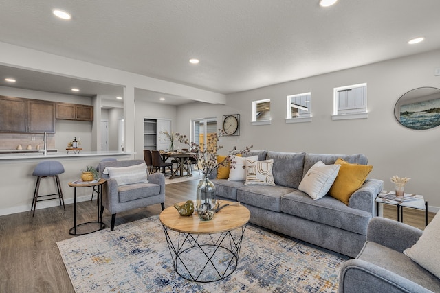 living room featuring sink and dark hardwood / wood-style flooring